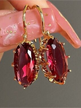 NEW! Retro Gold Drop Earrings with Red Oval Gemstones. Vintage Style 🍷 B0-41